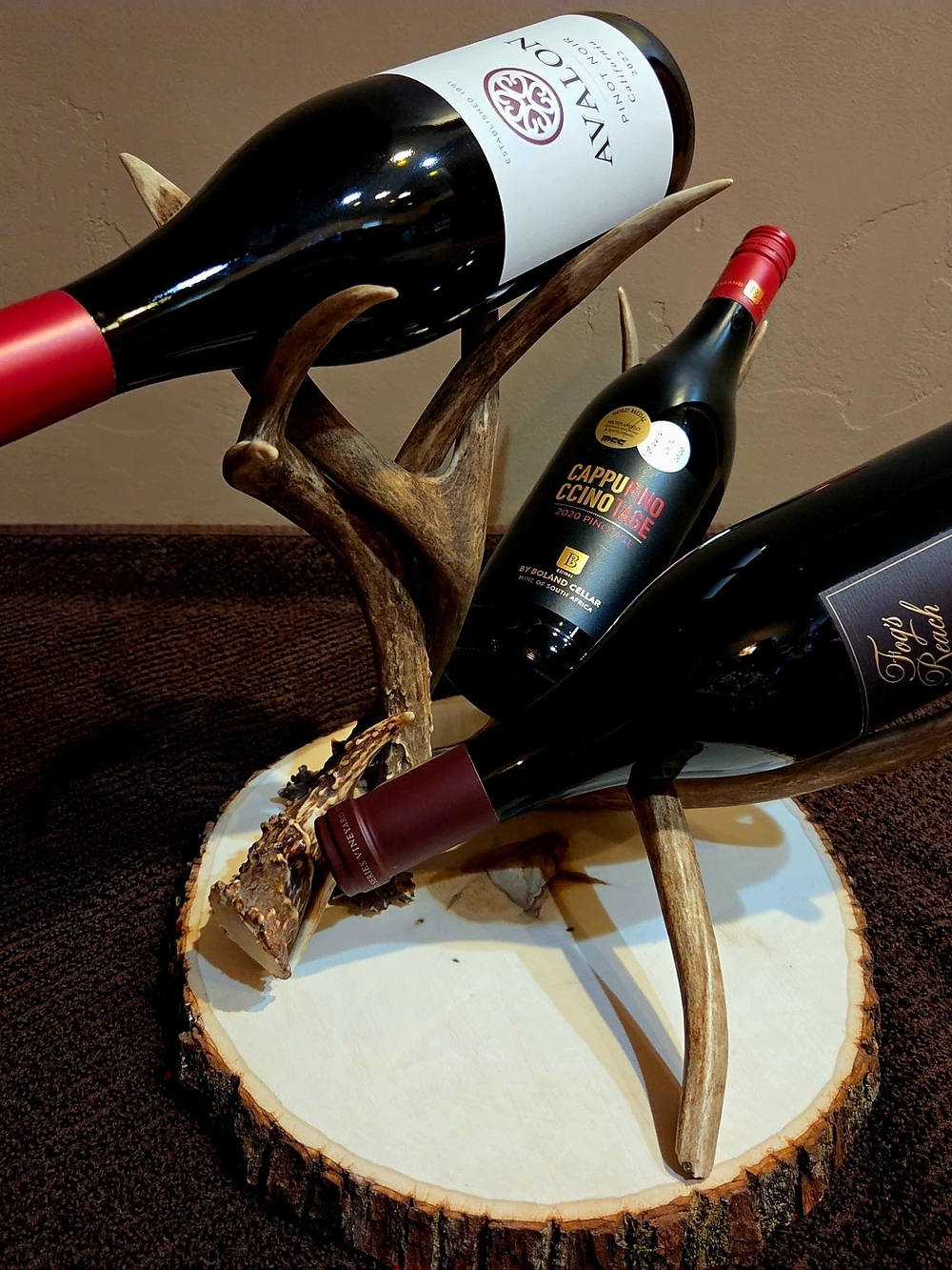 Rustic Antler Wine Bottle Holder with Natural Wood Base - Brown